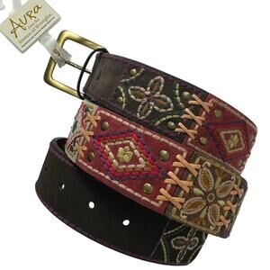 Aura by Wrangler Leather Belt Womens XL Embroidered Boho Hippie Festival Western